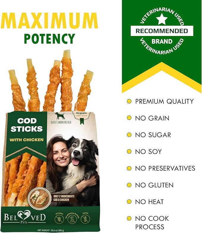 Beloved Pets Cod Sticks Dog Treats Chicken Wrapped - All Natural Rawhide - Free & Grain Free Long Lasting Chews for Large & Small Dogs - Dried Pet Snacks - Support Healthy Teeth & Skin Coat