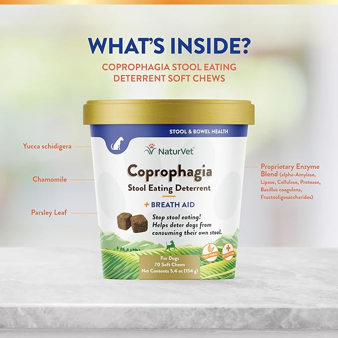 NaturVet – Coprophagia Stool Eating Deterrent Plus Breath Aid – Deters Dogs from Consuming Stool – Enhanced with Breath Freshener, Enzymes & Probiotics – 70 Soft Chews