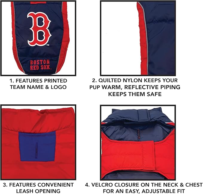 MLB Boston Red Sox Puffer Vest for Dogs & Cats, Size Medium. Warm, Cozy, and Waterproof Dog Coat, for Small and Large Dogs/Cats. Best MLB Licensed PET Warming Sports Jacket