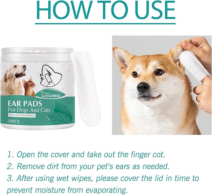 Ear Finger Wipes for Dogs & Cats - Gently Remove Ear Wax, Debris Sooths Relieve Ear - 50 Count