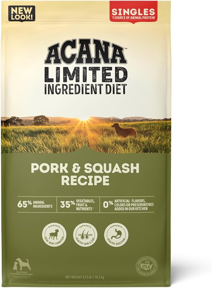 ACANA Singles Limited Ingredient Dry Dog Food, Grain Free, High Protein, Pork & Squash Recipe, 22.5 lb