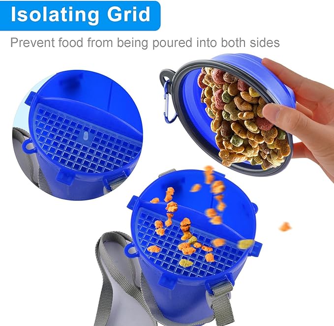 Dog Travel Water Bottle Collapsible Bowls, 2 in 1 Pet Food Container with Collapse Bowls, Outdoor Portable Water Bowls for Walking, Traveling, Camping and Hiking Blue
