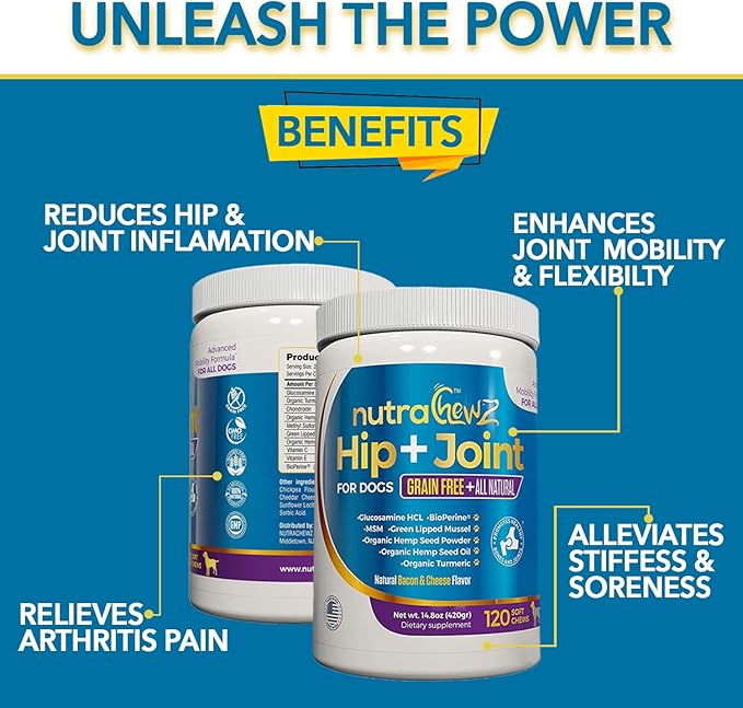Grain Free Hip & Joint Supplement for Dogs with Organic Hemp Oil, Glucosamine Chondroitin, Turmeric, MSM, Green Lipped Mussel for Arthritis, Pain Relief, Mobility All Natural - 120 Chews