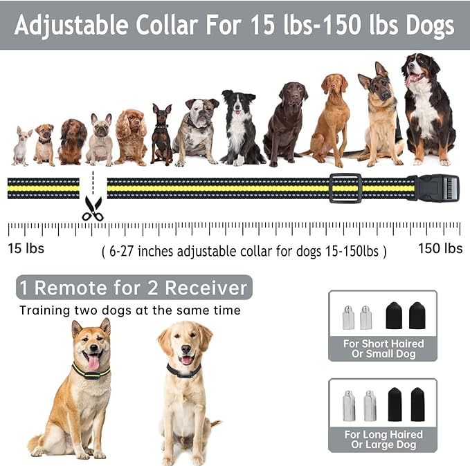 Dog Training Collar for 2 Dogs, Dog Shock Collar with Remote for Large Medium Small Dogs (15-150lbs), Rechargeable E-Collar Waterproof Collars with 3 Training Modes, Beep Vibration and Shock