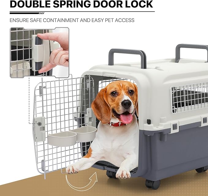 MoNiBloom 25.5-Inch Plastic Carrier with Wheels for Small Dogs and Cats, Multifunction Hard Cat Carrier Dog Kennel Ventilation and Security Lock Design for Pets up to 22 Pounds