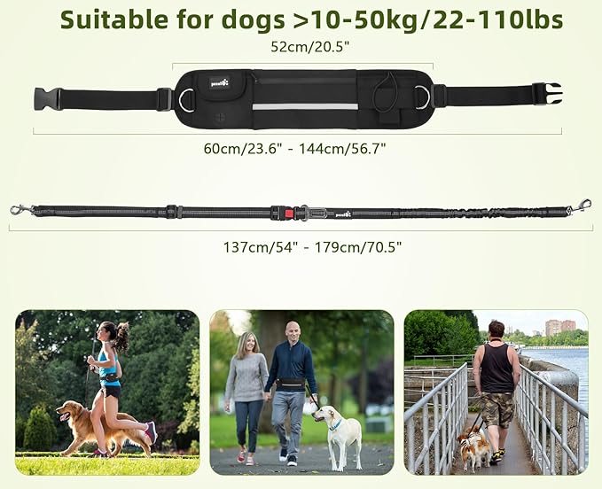 Pecute Hands Free Dog Leash with Pouch, Waist Belt Fanny Pack with Soft Pads, Dual Padded Handles and Durable Bungee for Walking, Hiking, Jogging Biking, and Running (Up to 220lbs) Black