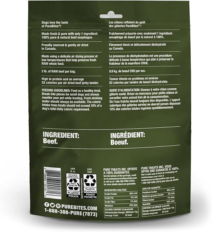 PureBites Beef Jerky Dog Treats, 1 Ingredient, Made in Canada, 7.5oz