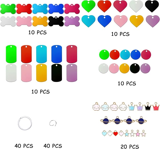 140pcs Pet ID Tag Set with 40pcs Colourful Blank Dog Tags Double Sided Aluminum Cat ID Tags,80pcs Stainless Steel Key Rings and 20pcs Pendants for Dogs Cats Pets Name Phone Number Craft Tag