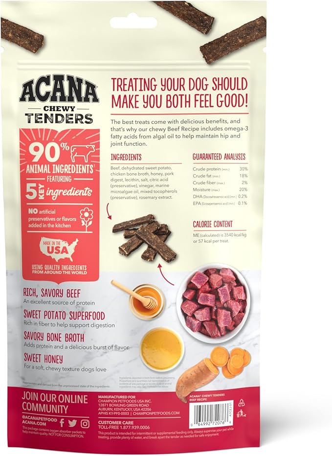 ACANA Chewy Strips Hip & Joint Support Beef Recipe, Dog Treat 4oz