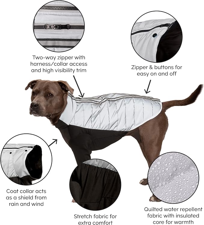 Furhaven Water-Repellent Medium Dog Coat, Washable & Reflective w/ Leash Access & Stretch Fabric - Pro-Fit Active Jacket - Chrome, Medium
