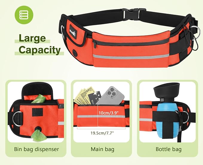 Pecute Hands Free Dog Leash with Pouch, Waist Belt Fanny Pack with Soft Pads, Dual Padded Handles, and Durable Bungee for Walking, Hiking, Jogging Biking, and Running (Up to 220lbs) Orange