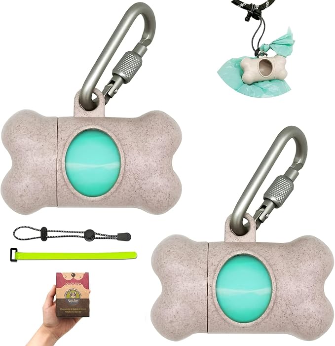 Dog Poop Pickup Bags Holder Dispenser with Standard-Sized Leak-Proof Scented Doggy Waste Bags and Carabiner with Safety Lock&Fastener Never Loose on Leash Lead Again (2 Holders 30 Bags, Beige)