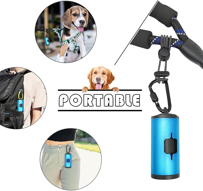 Metal Dog Poop Bags Holder Aluminum Poo Bags Dispenser with Pet Waste Bags 3 Leash Clasp and Elastic Rope for Used Bags(1 Holder 135 Bags,Blue)