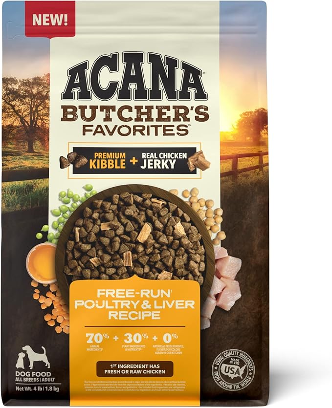 ACANA Butcher's Favorites Dry Dog Food, Free-Run Poultry* & Liver Recipe, Dog Food Kibble & real chicken jerky, 4lb