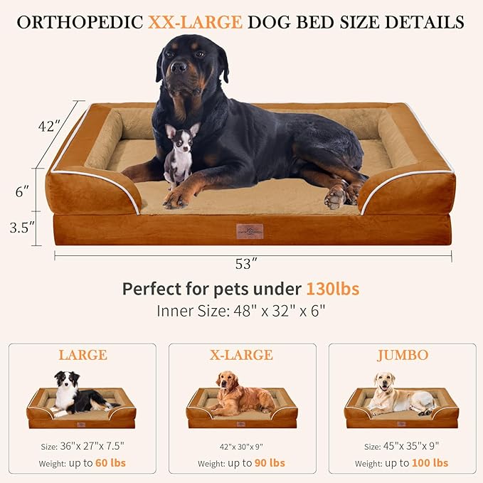 Waterproof Dog Bed, XXL Dog Bed Orthopedic Foam, Waterproof Dog Sofa Bed with Washable Removable Cover & Non-Slip Bottom(XX-large,Caramel)
