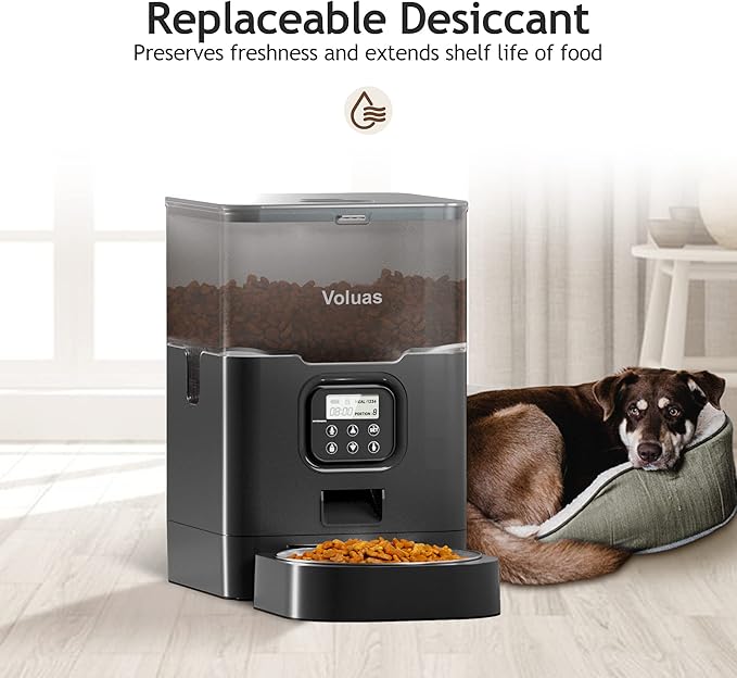 VOLUAS Automatic Cat Feeders - Dry Food Dispenser with Timer, Desiccant Bag, Programmable Portion Size Control 4 Meals Per Day, 10s Voice Recorder
