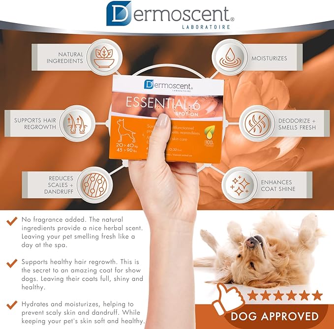 Dermoscent Essential 6 spot-on - Dog Skin Care for Dandruff & Allergy Relief with Vitamin E Oil - Anti Itch for Dogs - Natural Ingredients for Sensitive Skin - Dogs 20-40 kg - 4 Pipettes of 2.4 ml