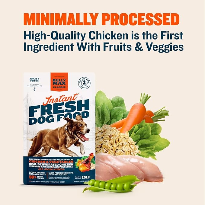 Bully Max Instant Fresh Wet Dog Food - Nutrient-Rich Dehydrated Raw Dog Food with Natural Chicken Recipe - 10 Bags of 15 oz Pouches, Wet Dog Food Alternative - Makes 25 lbs. of Wet Food