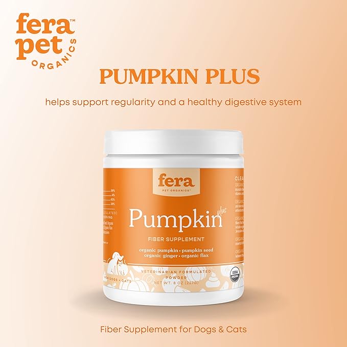 Fera Pets Pumpkin Plus Fiber Supplement for Pets - Vet Created - Dog & Cat Regularity & Gut Function - Organic Pumpkin Seeds, Flax Seeds - 90 Scoops