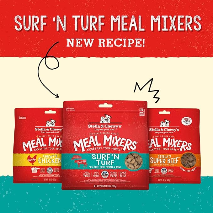 Stella & Chewy's Freeze Dried Raw Surf & Turf Meal Mixer – Dog Food Topper for Small & Large Breeds – Grain Free, Protein Rich Recipe – 18 oz Bag