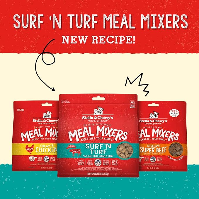 Stella & Chewy's Freeze Dried Raw Surf & Turf Meal Mixer – Dog Food Topper for Small & Large Breeds – Grain Free, Protein Rich Recipe – 8 oz Bag