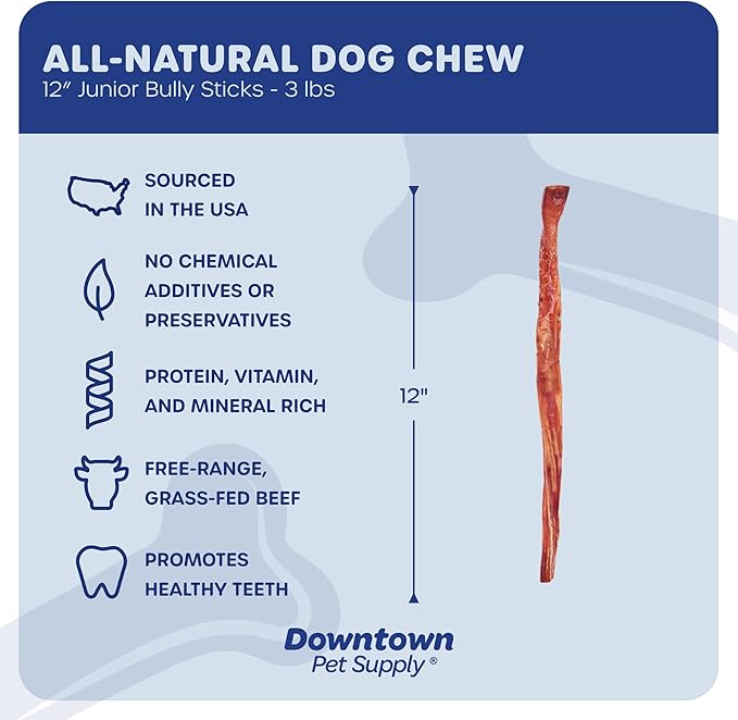 Downtown Pet Supply USA Sourced Thin Junior Bully Sticks (12" - 3 LBs) - Bully Sticks for Small Dogs and Puppies- Single Ingredient Long Lasting Dog Dental Treats - Alternative to Chew Bones