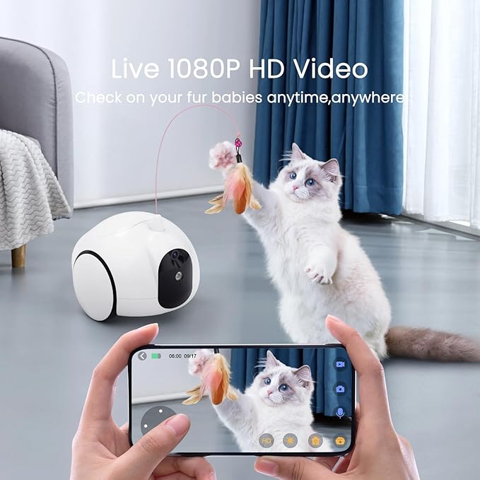Pet Camera Treat Dispenser, Dog Camera with Phone App, Automatic Cat Feeders, Moving Home Security Camera with Night Vision Two Way Audio and Video (Support 2.4GHz Wi-Fi only, No Suscription Fee)