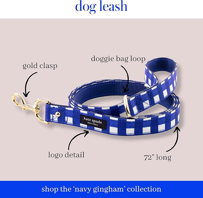 Kate Spade New York 6ft Dog Leash, Heavy Duty Leash for Female or Male Dogs, Cute Pet Leash with Gold Metal Hardware, Long Dog Lead for Medium and Large Breeds (Navy Gingham)