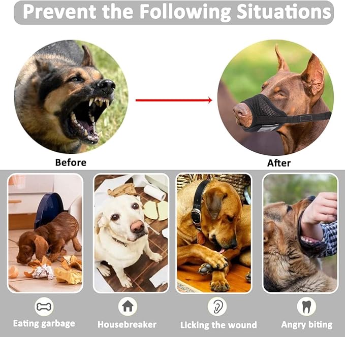 LUCKYPAW Dog Muzzle Anti Biting Barking and Chewing with Comfortable Mesh Soft Fabric and Adjustable Strap, Suitable for Small, Medium and Large Dogs(Black,XL)