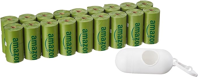 Amazon Basics Dog Poop Bags With Dispenser and Leash Clip, Cucumber Scented, 270 Count, 18 Pack of 15, 13 Inch x 9 Inch