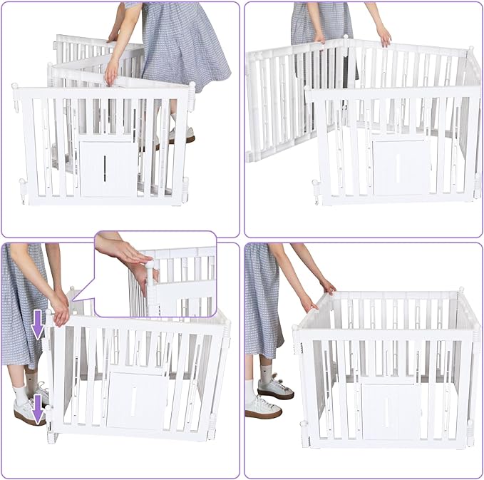 RIZZARI Foldable Plastic Dog Playpen, 4 Panels Pet Fence with Doors for Small Cats and Dogs, Portable Pet Barrier for Indoor and Outdoor, Easy to Assemble (White with Door)