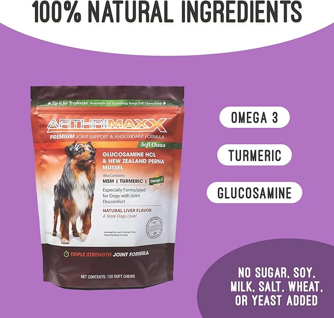 Dog Supplements for Joint Inflammation & Arthritis, Naturally Potent Dog Joint Care, Delicious Soft Chews with Turmeric, Omega 3, & Glucosamine for Dogs, Natural Liver Flavor, 120 Pc