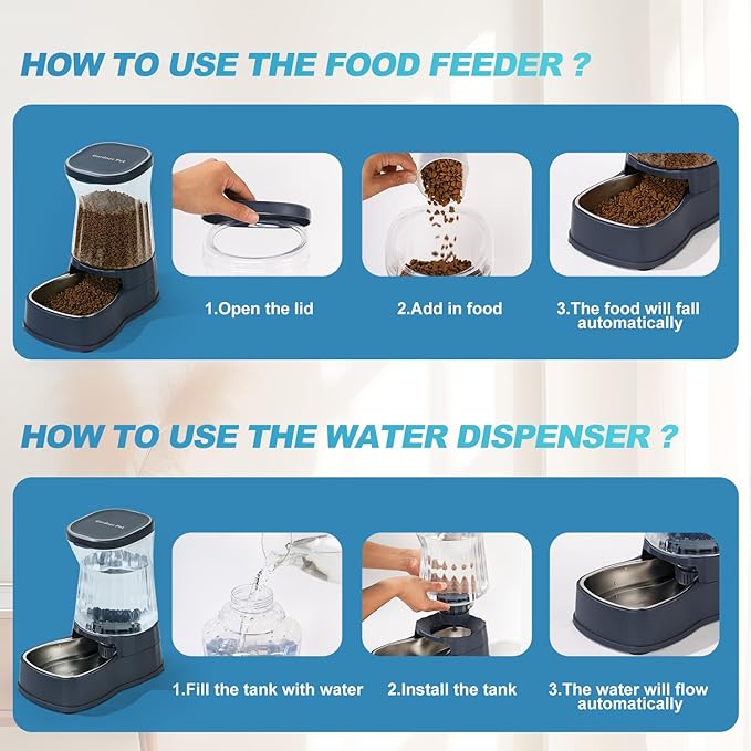 Automatic Dog Water Dispenser Gravity Stainless Steel Water Waterer & Food Feeder Set, Large Capacity Feeding Bowls for Medium & Large-Sized Dogs Cats Other Pets -(1 Gallon x2)