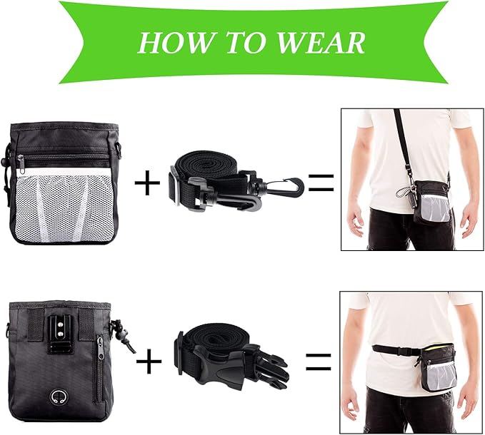 4-in-1 Dog Training Set, Puppy Training Treats- Dog Treat Training Pouch, Dog Whistle, Dog Doorbells, Dog Clicker, Ideal Gift for First Time Pet Owners, Training Dog Owners (Black)