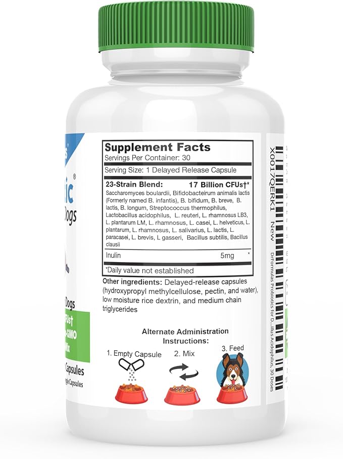 DrFormulas Probiotics for Dogs & Puppies Pets Diarrhea Treatment | Flavorless, Pre-dosed, 23 Premium Nexabiotic Probiotic for Pets with Saccharomyces Boulardii, Lactobacillus Acidophilus, 30 Doses