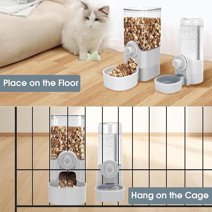 Hanging Cage Automatic Small Pet Food Bowl Water Bottle Dispenser, Detachable Auto Gravity 1.2L Self-Feeding Feeder and 0.52L Waterer Set Kennel Feeding Station for Puppy Cats Rabbit(Grey)