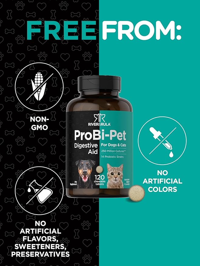 Horbäach Probiotics for Dogs & Cats | 120 Chewable Tablets | Digestive Aid | with 14 Probiotic Strains | Savory Beef Flavored Pet Supplement | by River & Rula