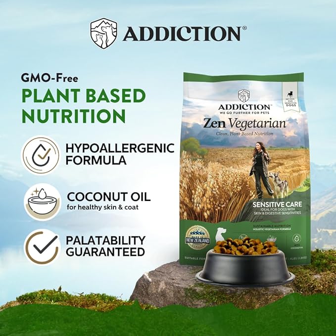 Addiction Zen Vegetarian Dry Dog Food, Rich in Isoflavones and Antioxidants, Vegetarian Dog Food, Crafted in New Zealand, for All Dog Life Stages 4lb