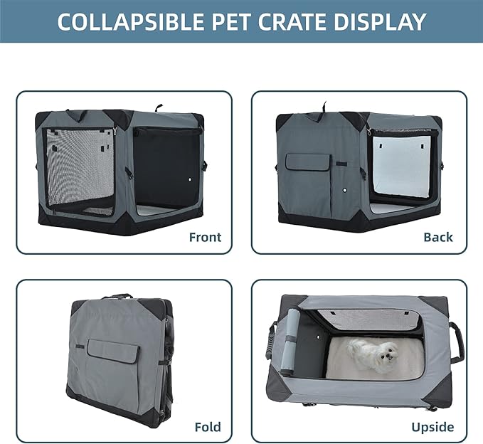 26 Inch Collapsible Dog Crate for Medium Dogs, 4-Door Foldable Soft Dog Kennel with Chew Proof Mesh Windows, Indoor & Outdoor Travel Dog Crate, Soft Side Dog Crate