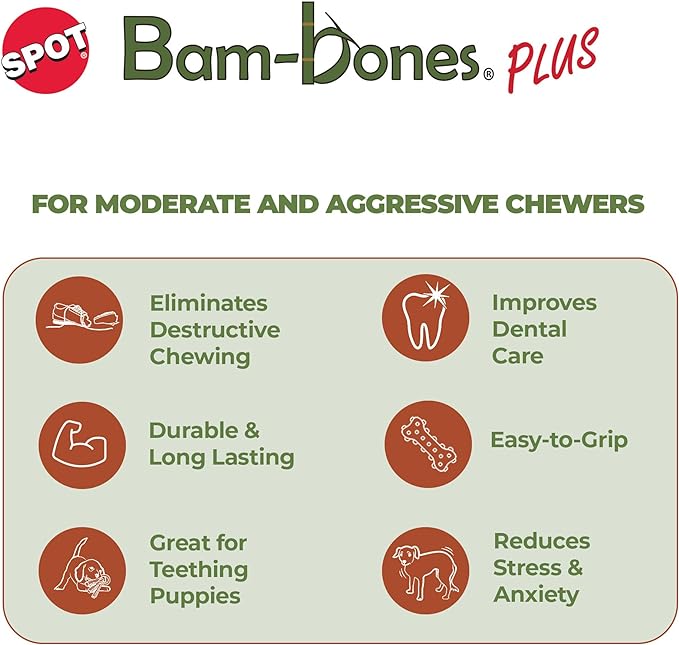 SPOT Bam-Bones Plus Triple Chew - Bamboo Fiber & Nylon, Durable Long Lasting Dog Toy for Aggressive Chewers – Great for Adult Dogs & Teething Puppies Under 90lbs, Non-Splintering, 7in, Bison Flavor