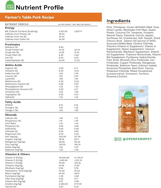 Open Farm Farmer's Table Pork Grain-Free Dry Dog Food, Family Farmed Pork Recipe with Non-GMO Superfoods and No Artificial Flavors or Preservatives, 11 lbs