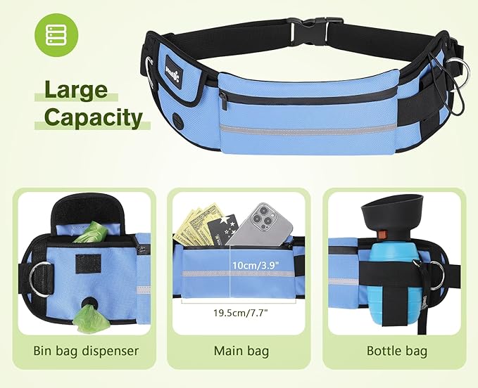 Pecute Hands Free Dog Leash with Pouch, Waist Belt Fanny Pack with Soft Pads, Dual Padded Handles, and Durable Bungee for Walking, Hiking, Jogging Biking, and Running (Up to 220lbs) Blue
