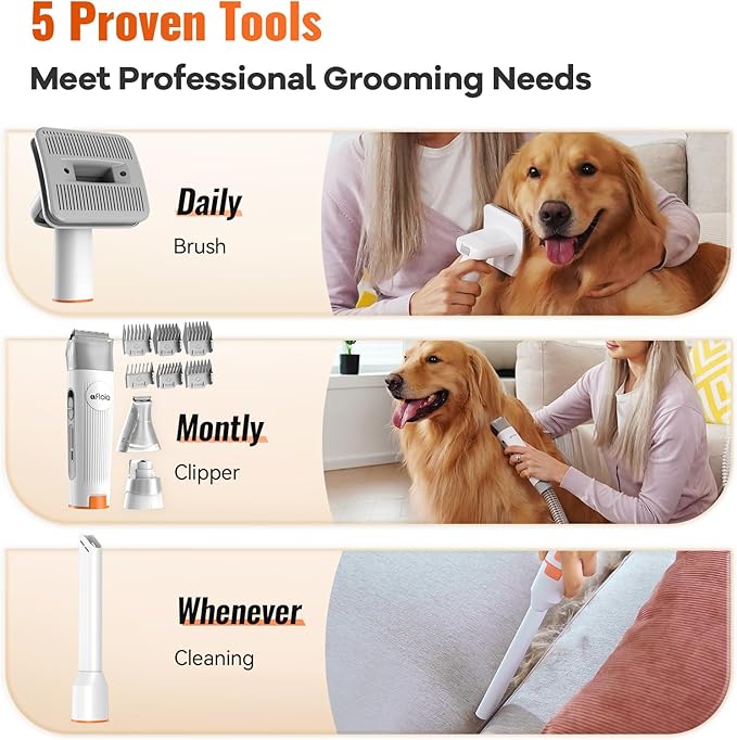 Afloia Pet Grooming Vacuum Attachments, Dog Hair Vacuum Groomer, 5 in 1 Dog Grooming Kit with Clippers Nail Grinder Shedding Brush for Vacuum Cleaners Like Dyson, Shark, Bissell, Eureka, etc