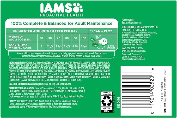 IAMS PROACTIVE HEALTH Adult Wet Dog Food Chunks in Gravy Beef, Rice, Carrots & Green Beans Flavor, 12-Pack of 13 oz. Cans