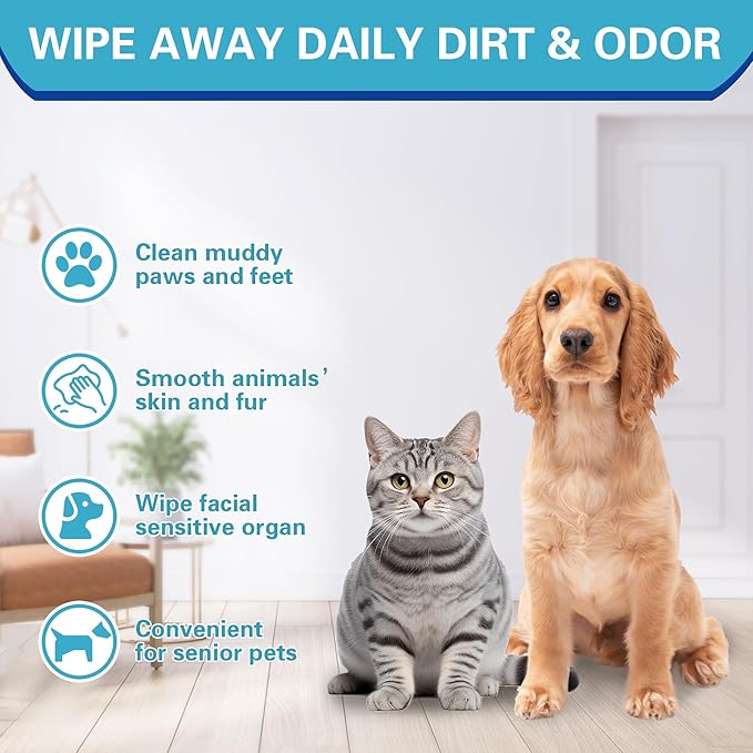 Dog Glove Wipes for Cleaning Paws Butt | Pet Grooming Deodorizing Dog Ear Glove Wipes | Fragrance Free Natural Puppy Glove Wipes | Soothes Itchy Dry Skin | 8 Count