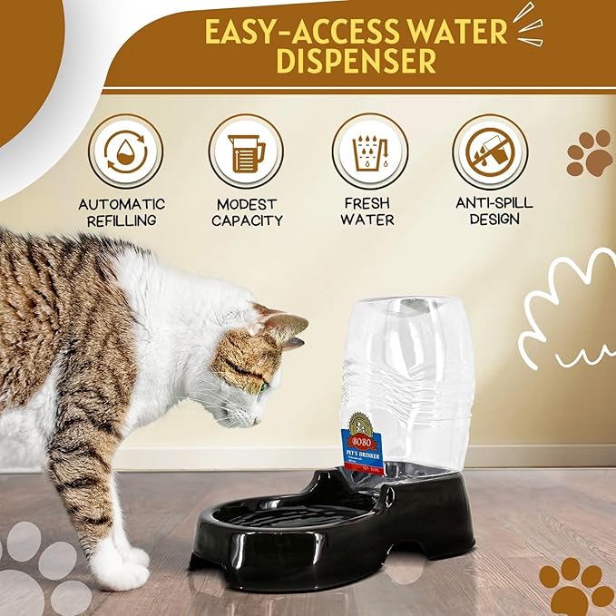 Flexzion Pet Water Dispenser Station, Black (1/4 Gallon) Auto Replenish Gravity Waterer Drinking Fountain Bottle Bowl Dish Portable Stand for Small Dog Cat Animal