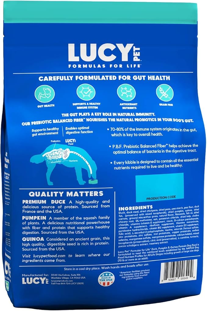 Lucy Pet Products Formulas for Life Duck, Pumpkin & Quinoa Dry Dog Food, All Life Stages, Digestive Health, Sensitive Stomach and Skin, 4.5lb bag
