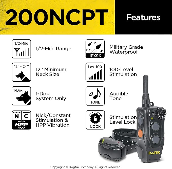 Dogtra 200NCPT Electronic Dog Training Collar with Remote for Small Dogs to Large Dogs - 2640 ft range, Vibration, Tone, 100 Stimulation Levels, Safety Lock, Waterproof, Rechargeable, PetsTEK Edition