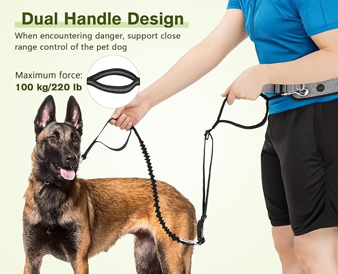Pecute Hands Free Dog Leash with Pouch, Waist Belt Fanny Pack with Soft Padds, Dual Padded Handles and Durable Bungee for Walking, Hiking, Jogging Biking, and Running (Up to 220lbs)