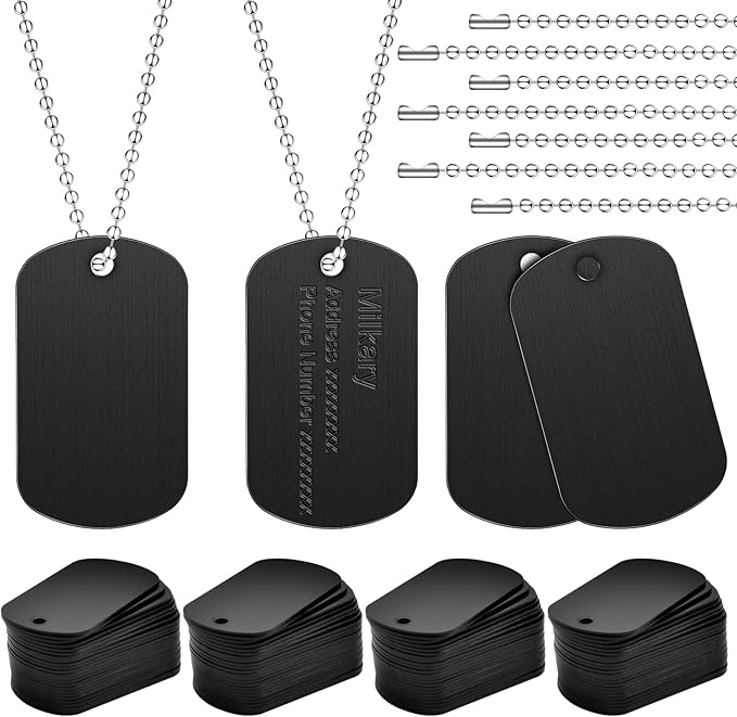 200Pcs Military Dog Tags, Rectangle Blank Metal Stamping Tags Set Including 100Pcs Aluminum Blank Dog Tags 100Pcs Ball Steel Chains Personalized Pets Tags for DIY Decorative Craft (Black)